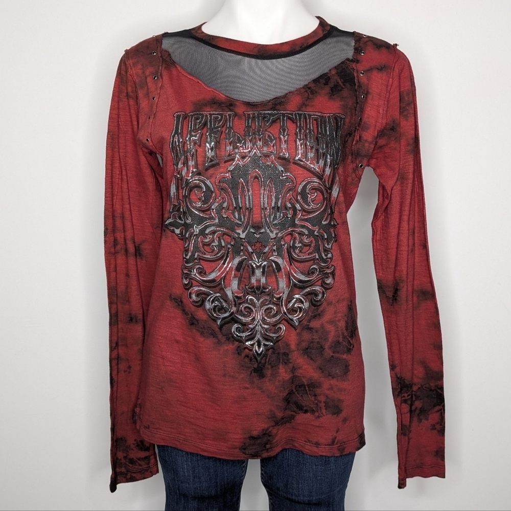 NWT Affliction Red Black Dissident Long Sleeve Mesh Panel T-shirt M